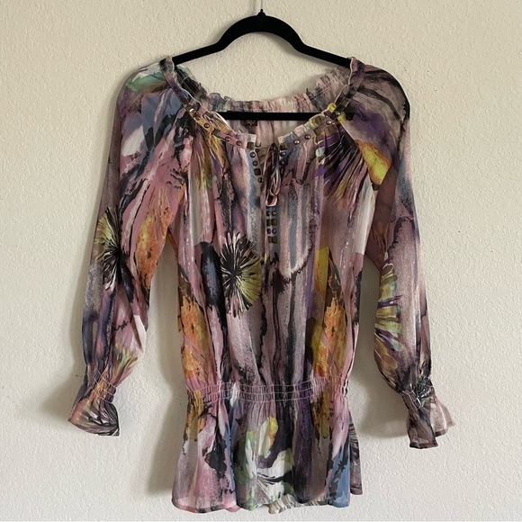 Mushka by Sienna Rose sheer stud blouse size Small fall sheer cinch waist LS - Picture 1 of 7